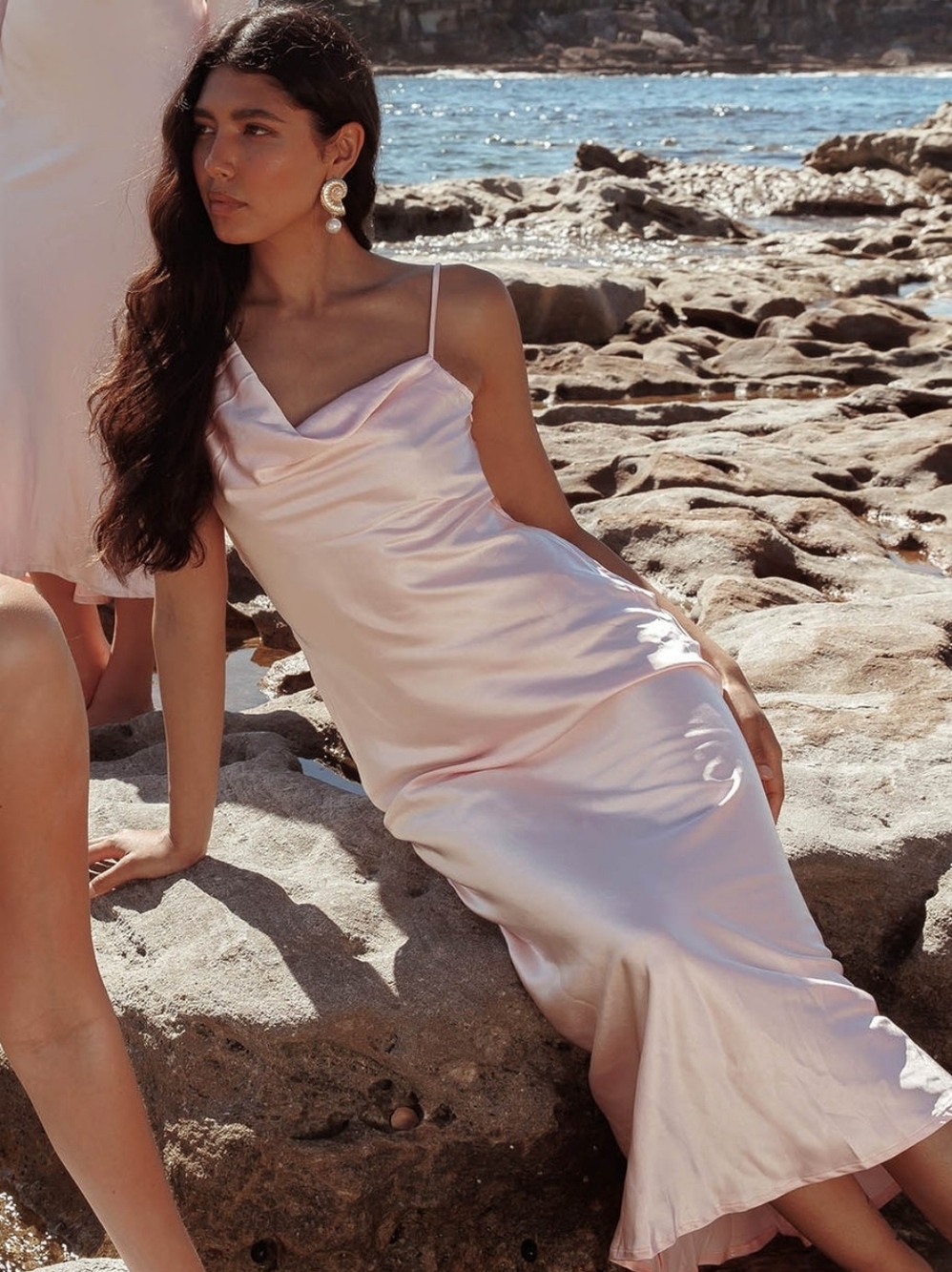 Selfie Leslie HERE COMES THE SUN Treats Cowl Back Satin Maxi Dress Baby Pink